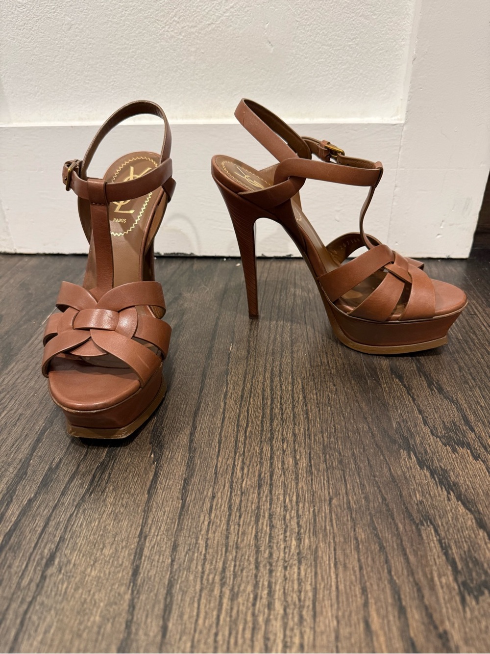 Yves Saint Laurent Brown Braided Leather Tribute 105 sandal